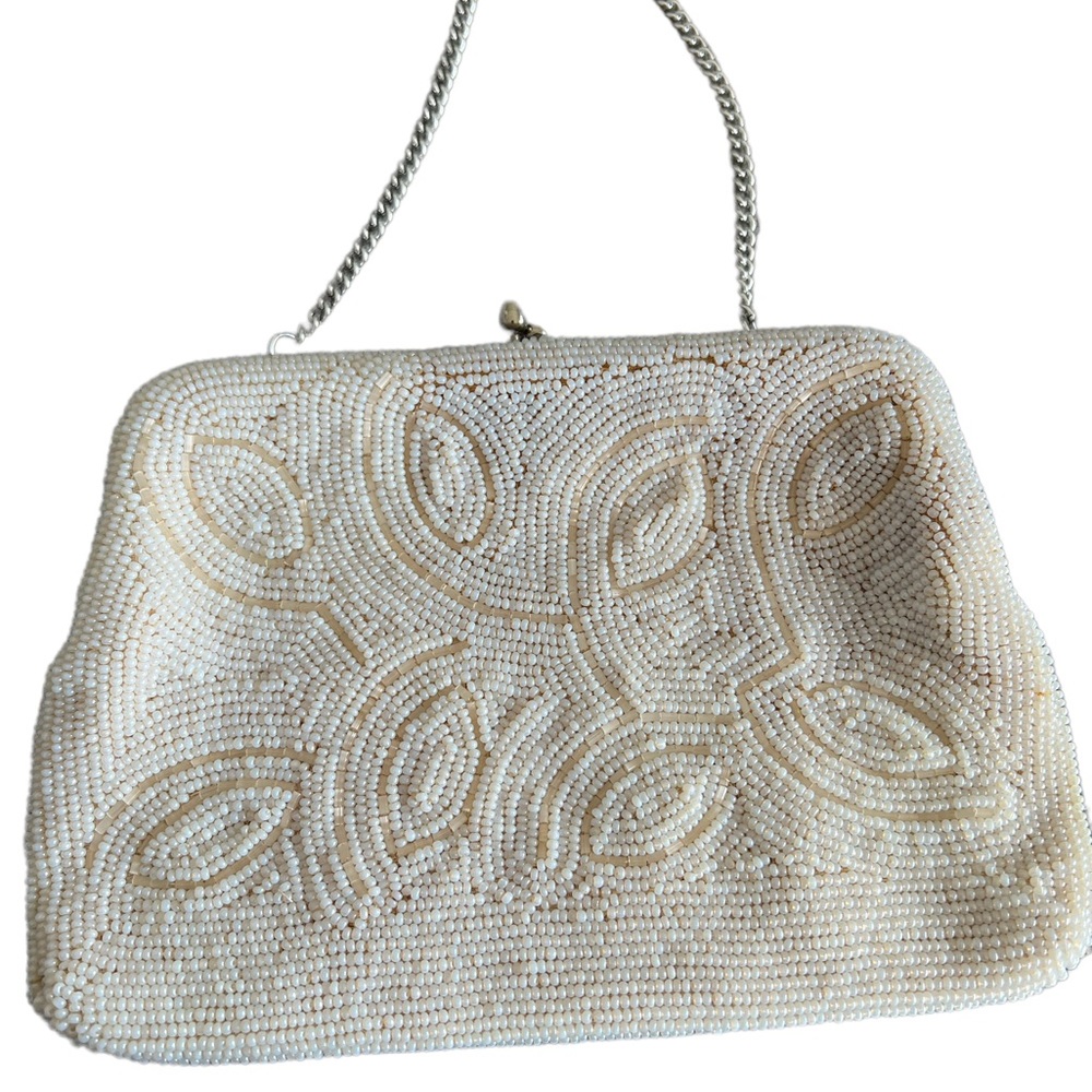 Vintage 50’s Sharonee like Beaded Purse Made in Japan Beige Beads Weave Swirl. - Picture 4 of 8